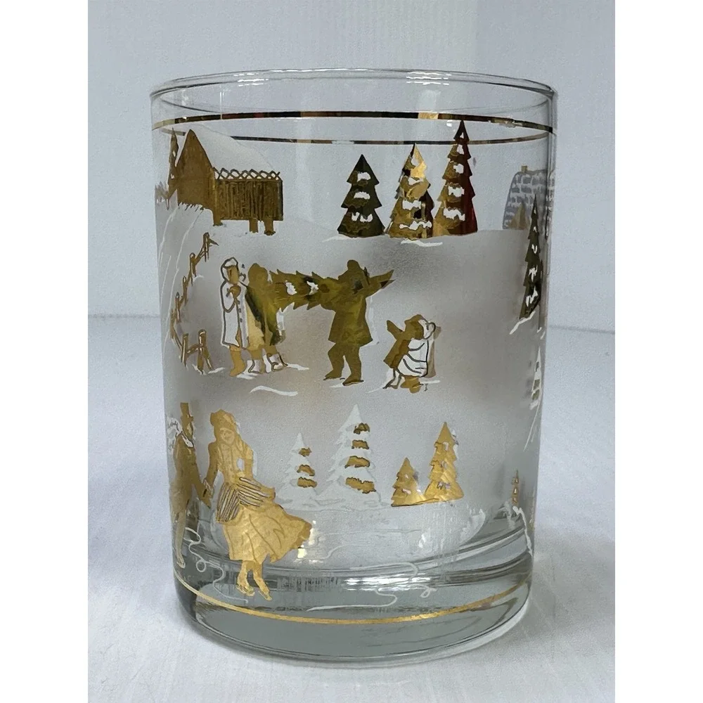 VINTAGE CHRISTMAS CULVER OLD FASHIONED GLASSES WINTER SCENES SLEIGH CAROLING